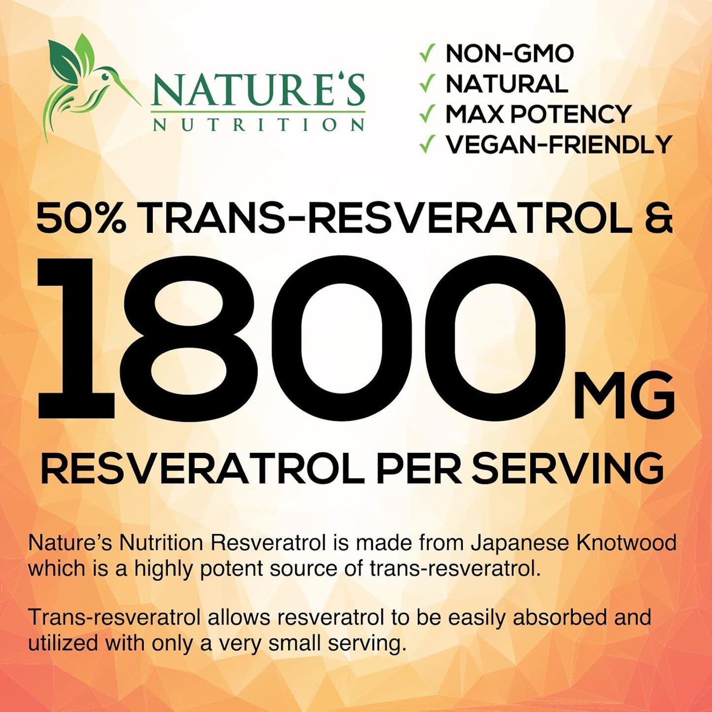 1800mg Nature's Nutrition Resveratrol Supplement for Healthy Aging, Immune & Heart Support - Non-GMO, Bioavailable Trans-Resveratrol - 60 Vegan Capsules