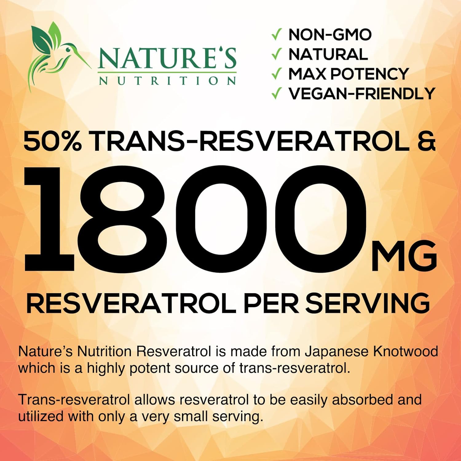 1800mg Nature's Nutrition Resveratrol Supplement for Healthy Aging, Immune & Heart Support - Non-GMO, Bioavailable Trans-Resveratrol - 60 Vegan Capsules