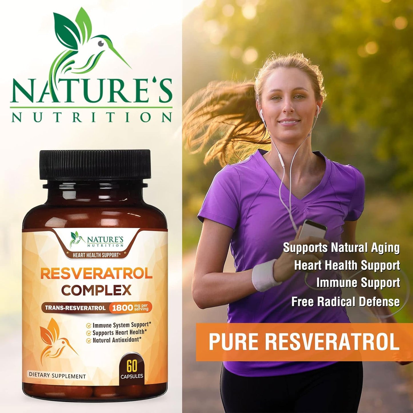1800mg Nature's Nutrition Resveratrol Supplement for Healthy Aging, Immune & Heart Support - Non-GMO, Bioavailable Trans-Resveratrol - 60 Vegan Capsules