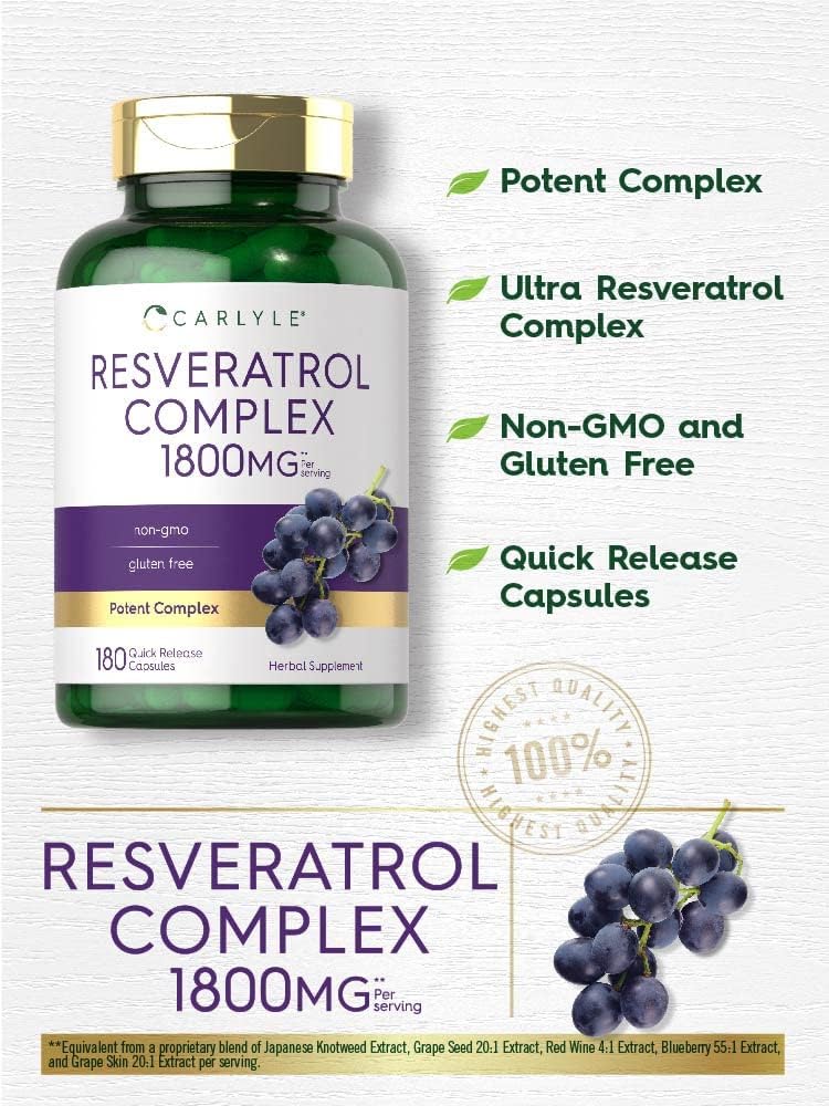 1800mg Resveratrol Supplement by Carlyle - 180 Capsules, Non-GMO, Gluten Free - Premium Complex Formula
