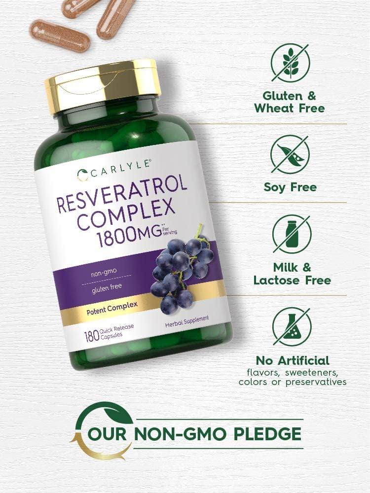 1800mg Resveratrol Supplement by Carlyle - 180 Capsules, Non-GMO, Gluten Free - Premium Complex Formula