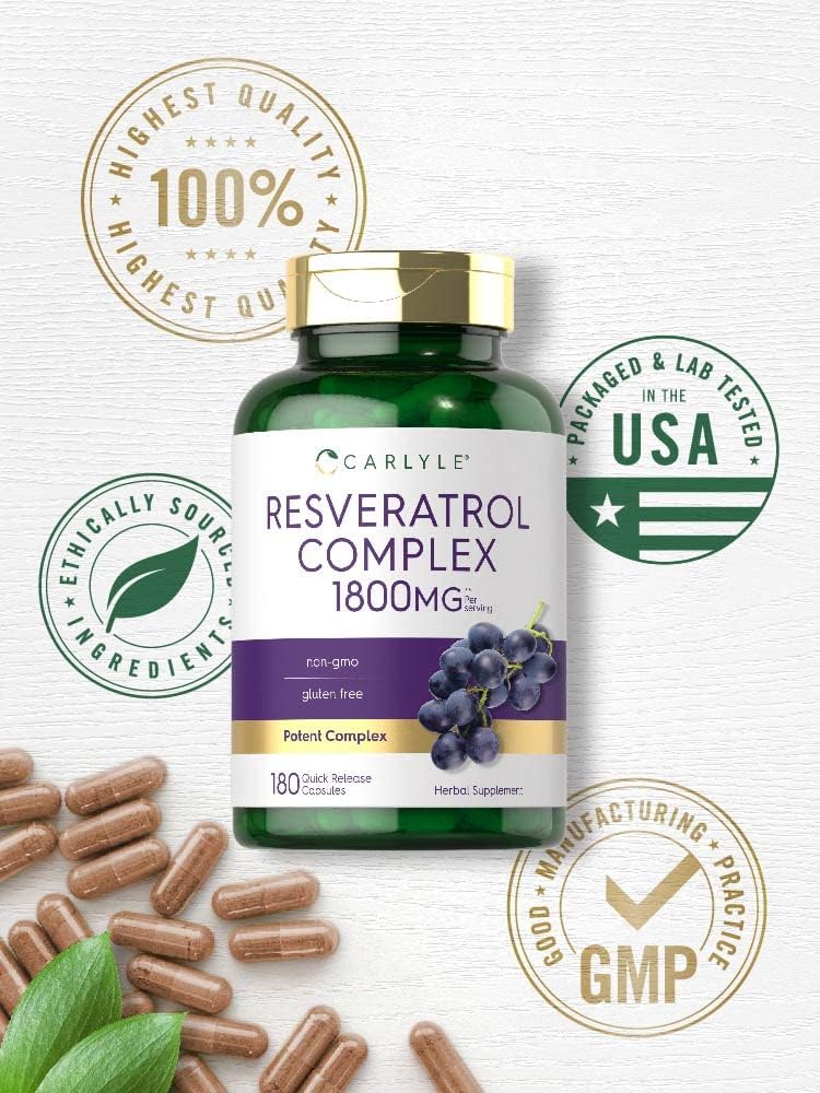 1800mg Resveratrol Supplement by Carlyle - 180 Capsules, Non-GMO, Gluten Free - Premium Complex Formula