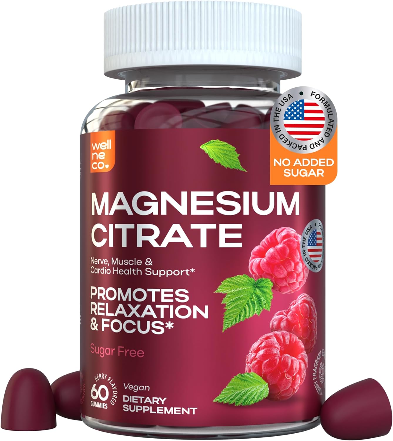 180mg Magnesium Citrate Gummies for Adults - Muscle, Nerve, Bone, and Heart Health - Gluten-Free, Sugar-Free Berry Flavor - 60 Count