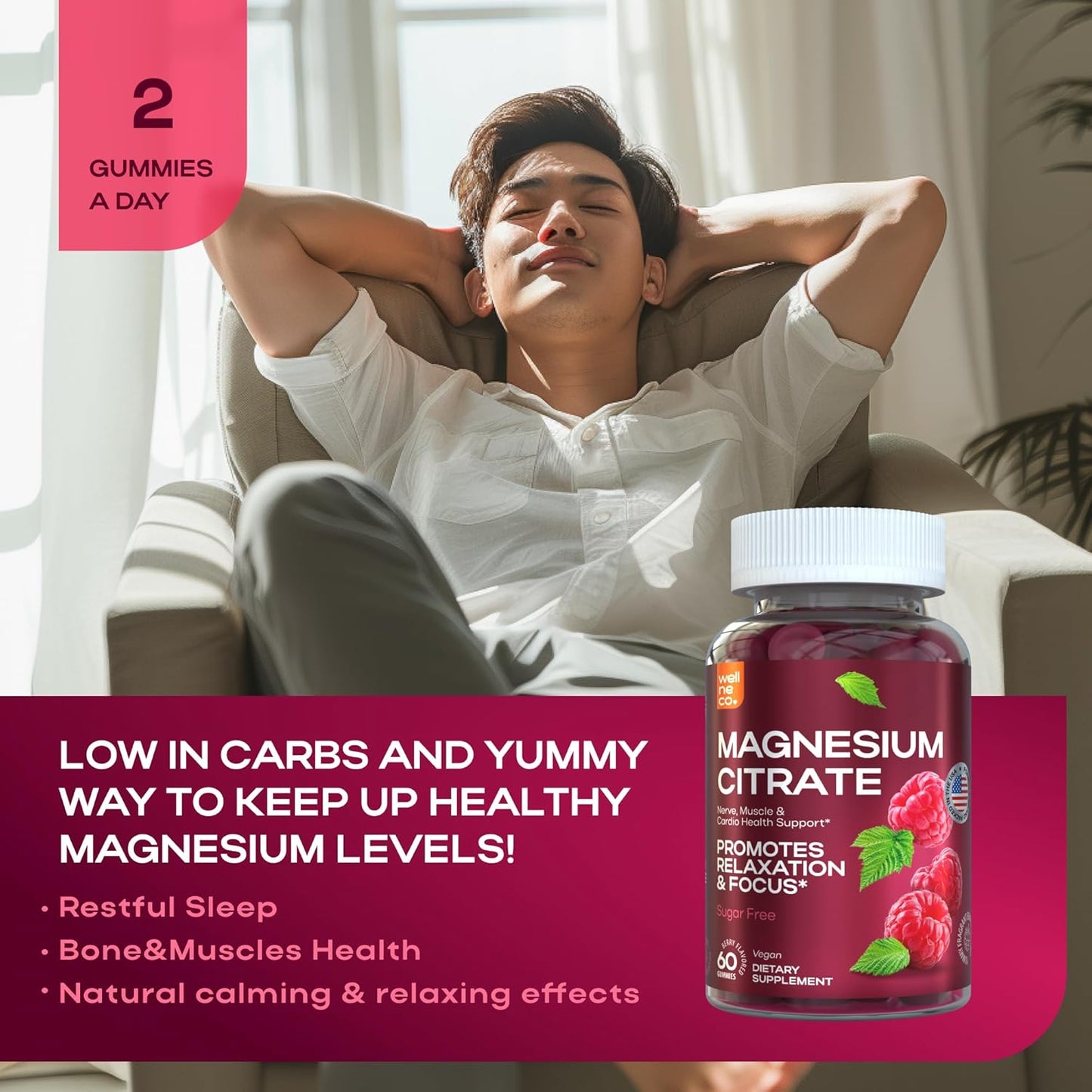 180mg Magnesium Citrate Gummies for Adults - Muscle, Nerve, Bone, and Heart Health - Gluten-Free, Sugar-Free Berry Flavor - 60 Count