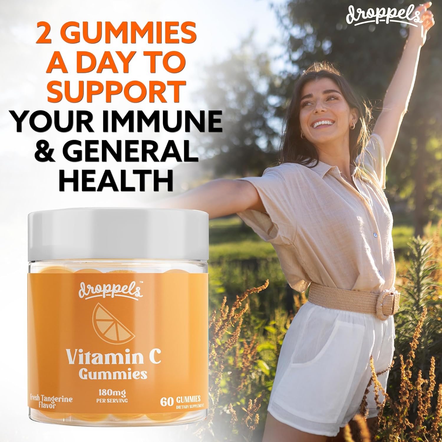 180mg Vitamin C Vegan Gummies - Immune Support Booster with Pectin - Tangerine Flavor, 60 Count