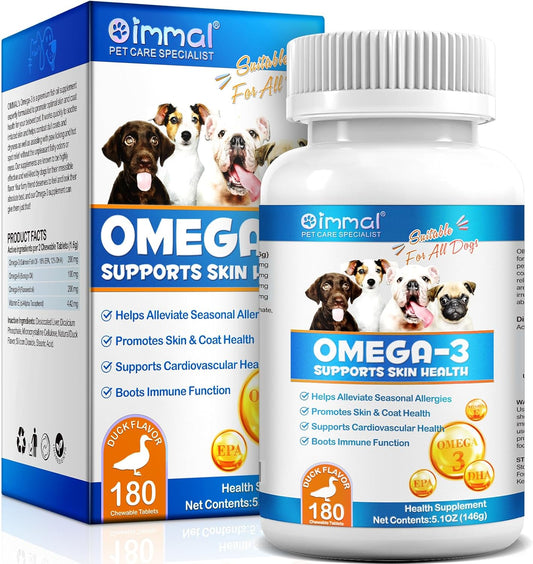 180P Omega 3 Fish Oil Tablets for Dogs - Supports Seasonal Allergies, Itchy Skin, Coat Health - Pet Dog Fish Supplements Omega-3 6 9, Vitamin E