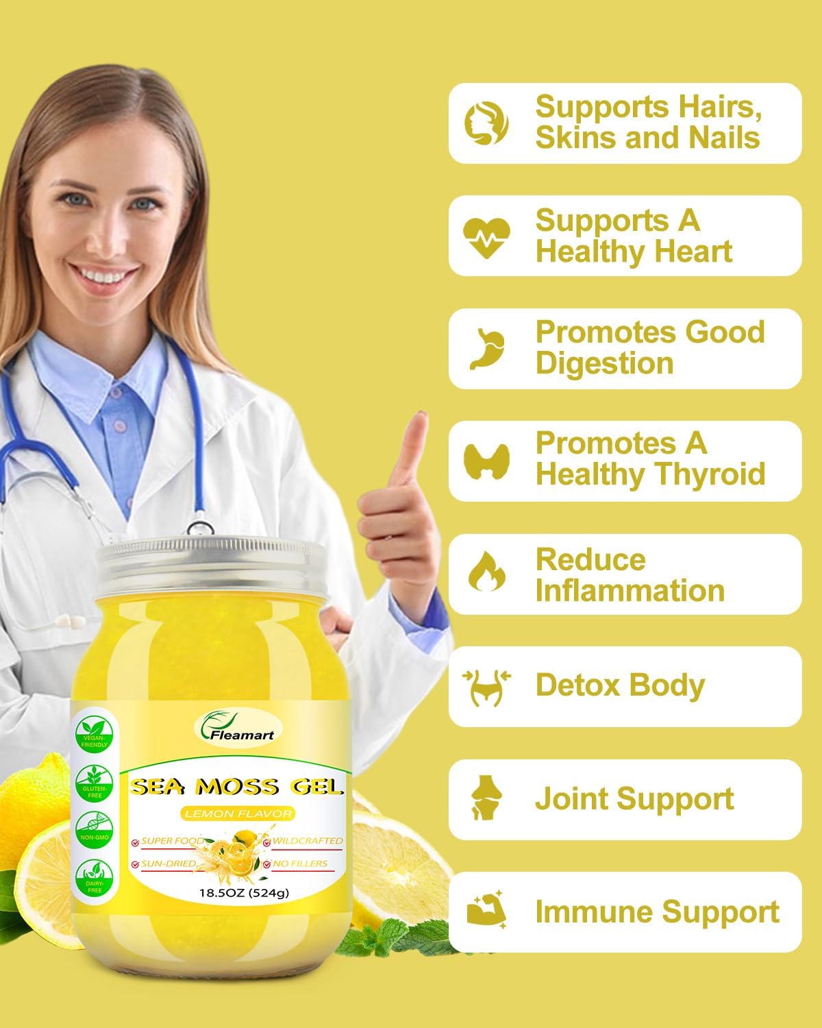 18.5OZ Fleamart Irish Sea Moss Gel: Organic Raw Seamoss Gel with 92 Minerals for Digestion & Thyroid Support