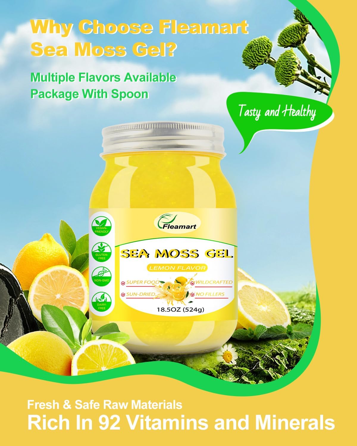 18.5OZ Fleamart Irish Sea Moss Gel: Organic Raw Seamoss Gel with 92 Minerals for Digestion & Thyroid Support