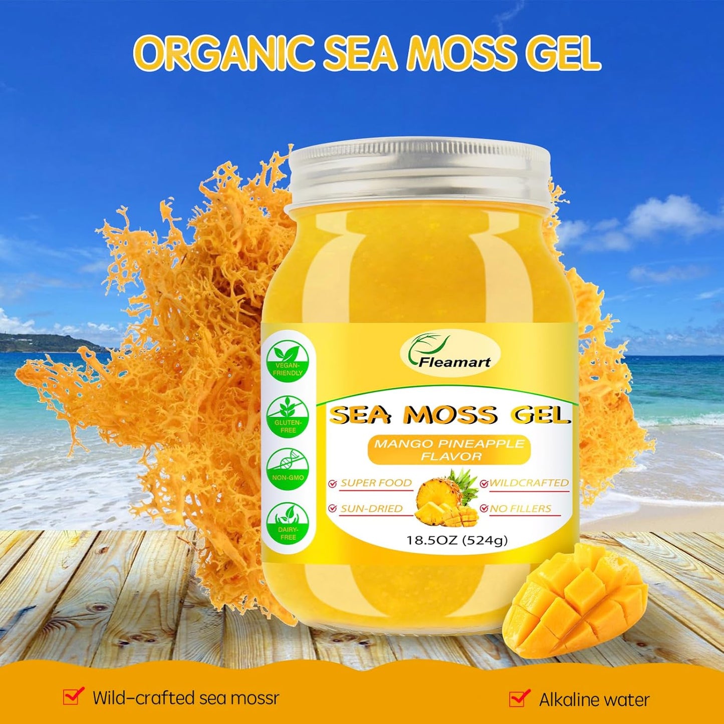 18.5OZ Organic Raw Irish Wildcrafted Sea Moss Gel with Mango Pineapple Flavor - Vegan Superfood Rich in Vitamins & Minerals