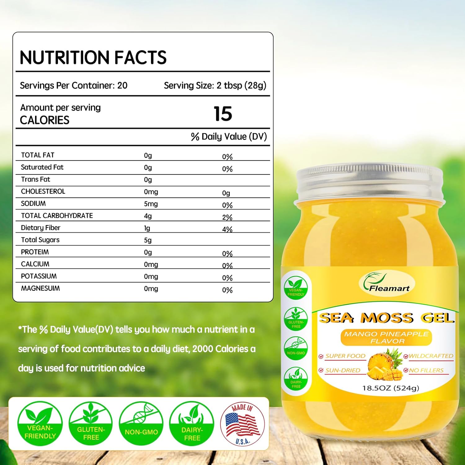 18.5OZ Organic Raw Irish Wildcrafted Sea Moss Gel with Mango Pineapple Flavor - Vegan Superfood Rich in Vitamins & Minerals