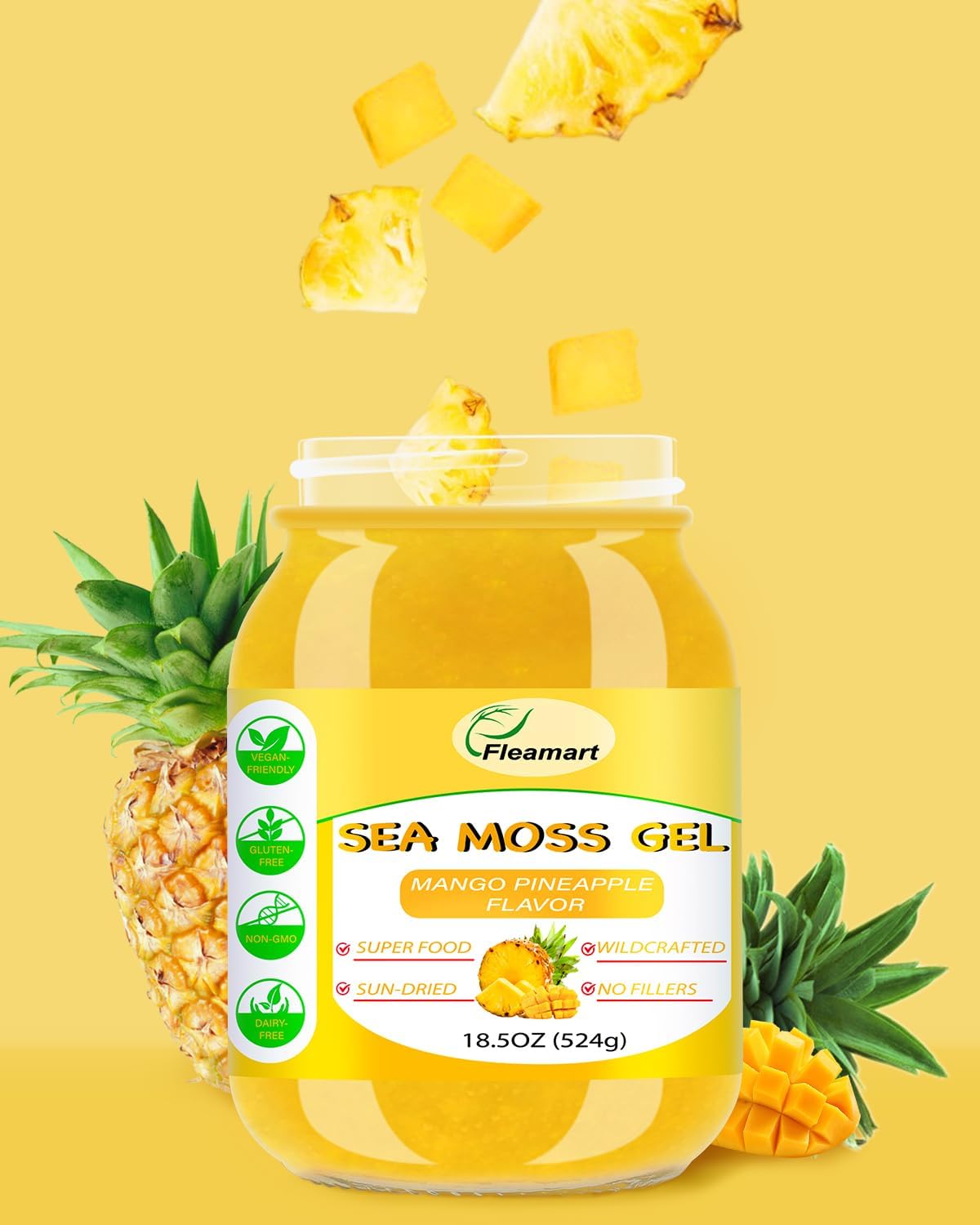 18.5OZ Organic Raw Irish Wildcrafted Sea Moss Gel with Mango Pineapple Flavor - Vegan Superfood Rich in Vitamins & Minerals