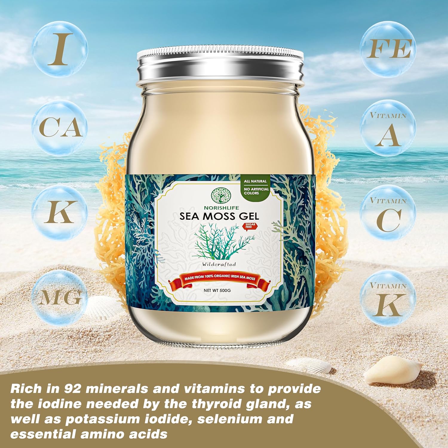 18OZ NourishLife Wildcrafted Irish Sea Moss Gel with 102 Minerals, Proteins & Vitamins - Raw Seamoss Gel Nutritional Supplement