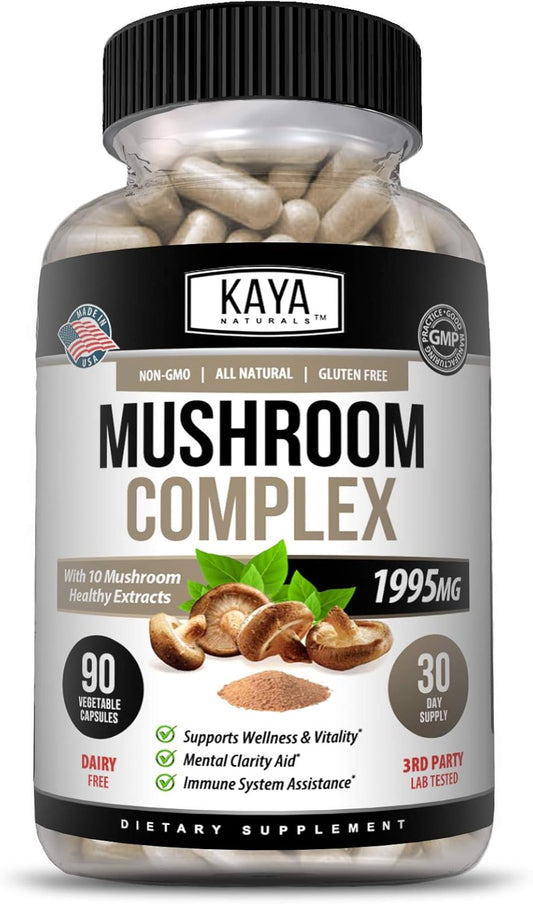 1995mg Premium Mushroom Complex Capsules for Wellness Support - Non-GMO & Gluten-Free - 90 Count
