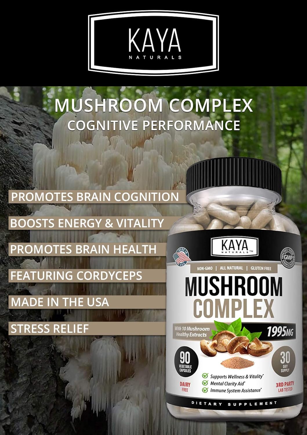 1995mg Premium Mushroom Complex Capsules for Wellness Support - Non-GMO & Gluten-Free - 90 Count