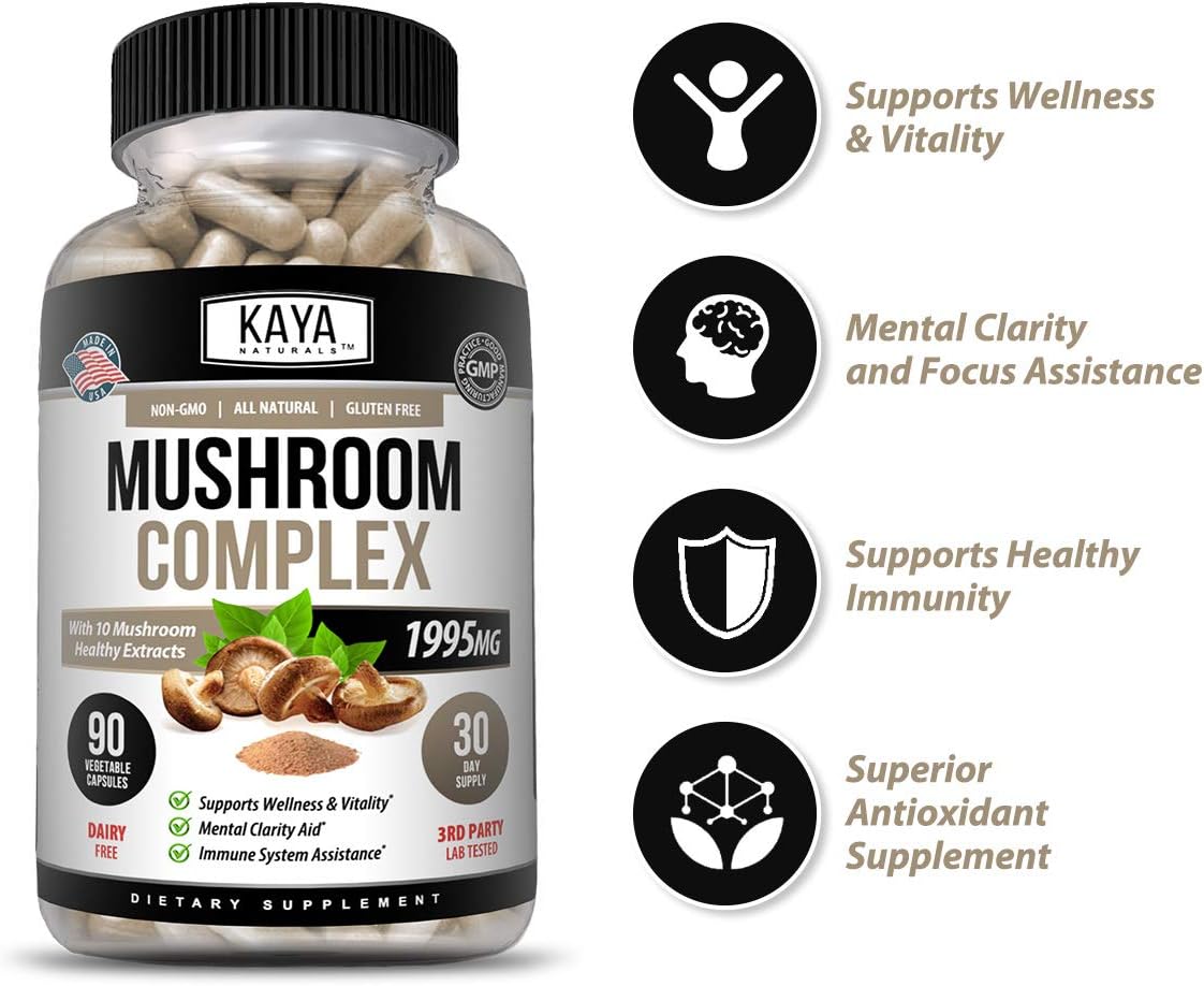 1995mg Premium Mushroom Complex Capsules for Wellness Support - Non-GMO & Gluten-Free - 90 Count