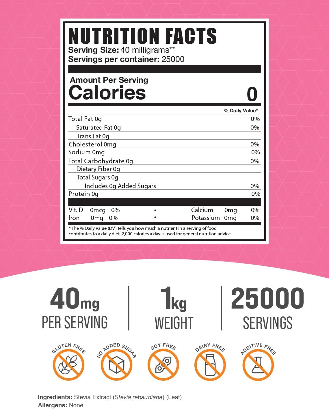 1kg Bulk Stevia Extract Powder - Zero Calorie Sweetener, Pure Stevia Powder, Gluten Free - 40mg per Serving - Stevia Sweetener - 2.2 lbs Pack