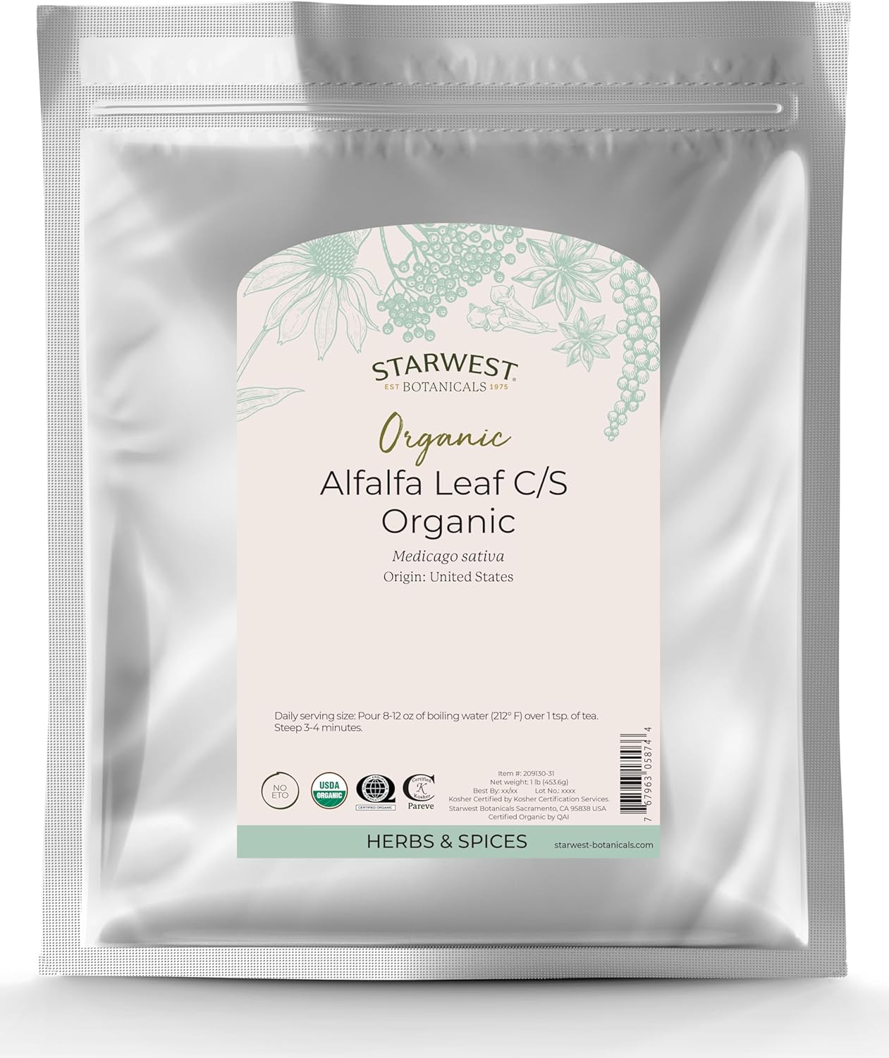 1lb Bag of Starwest Botanicals Organic Alfalfa Leaf Cut - Premium Quality Alfalfa for Herbal Tea and Infusions