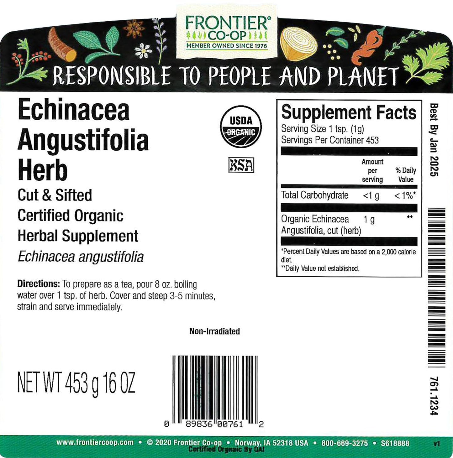 1lb Bulk Bag of Frontier Co-op Organic Cut and Sifted Echinacea Angustifolia Herb for Echinacea Root Tea - Kosher and Dried for Herbal Uses