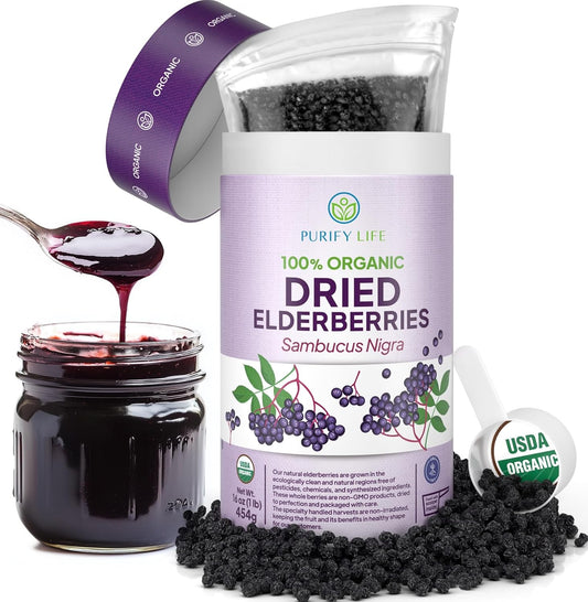 1lb Bulk USDA Organic Dried Elderberries for Immune Support - Raw Whole Black Elderberry for Sambucus Syrup - Resealable Bag with BPA-Free Scoop - BoostGo Australia