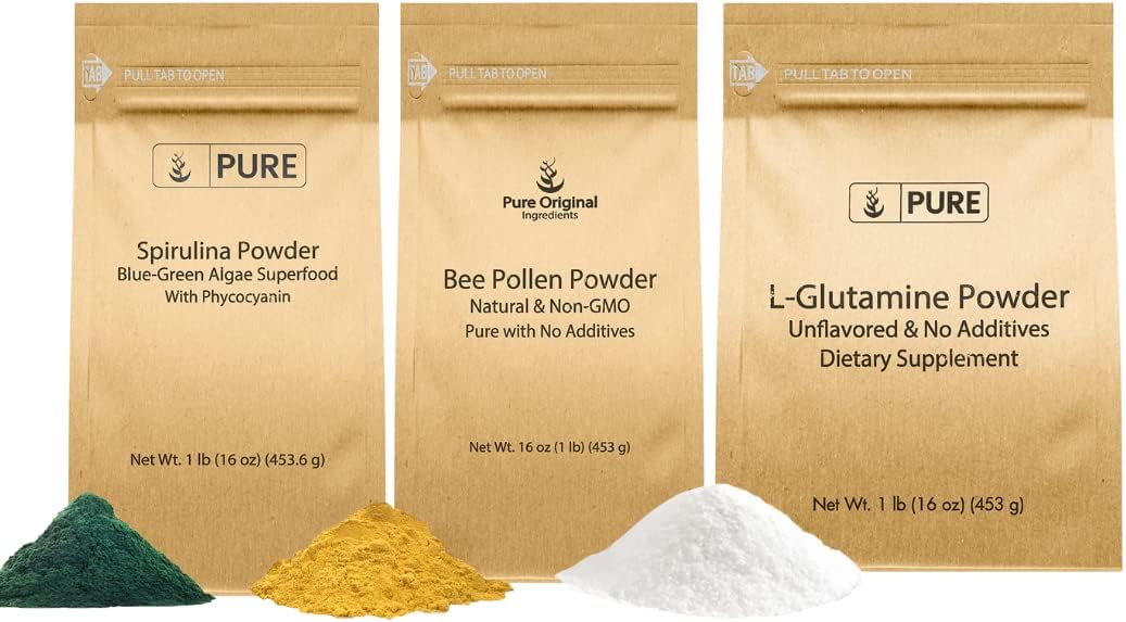 1lb Bundle of Pure Bee Pollen, L-Glutamine, & Spirulina Powder - Food Safe Supplement Powders