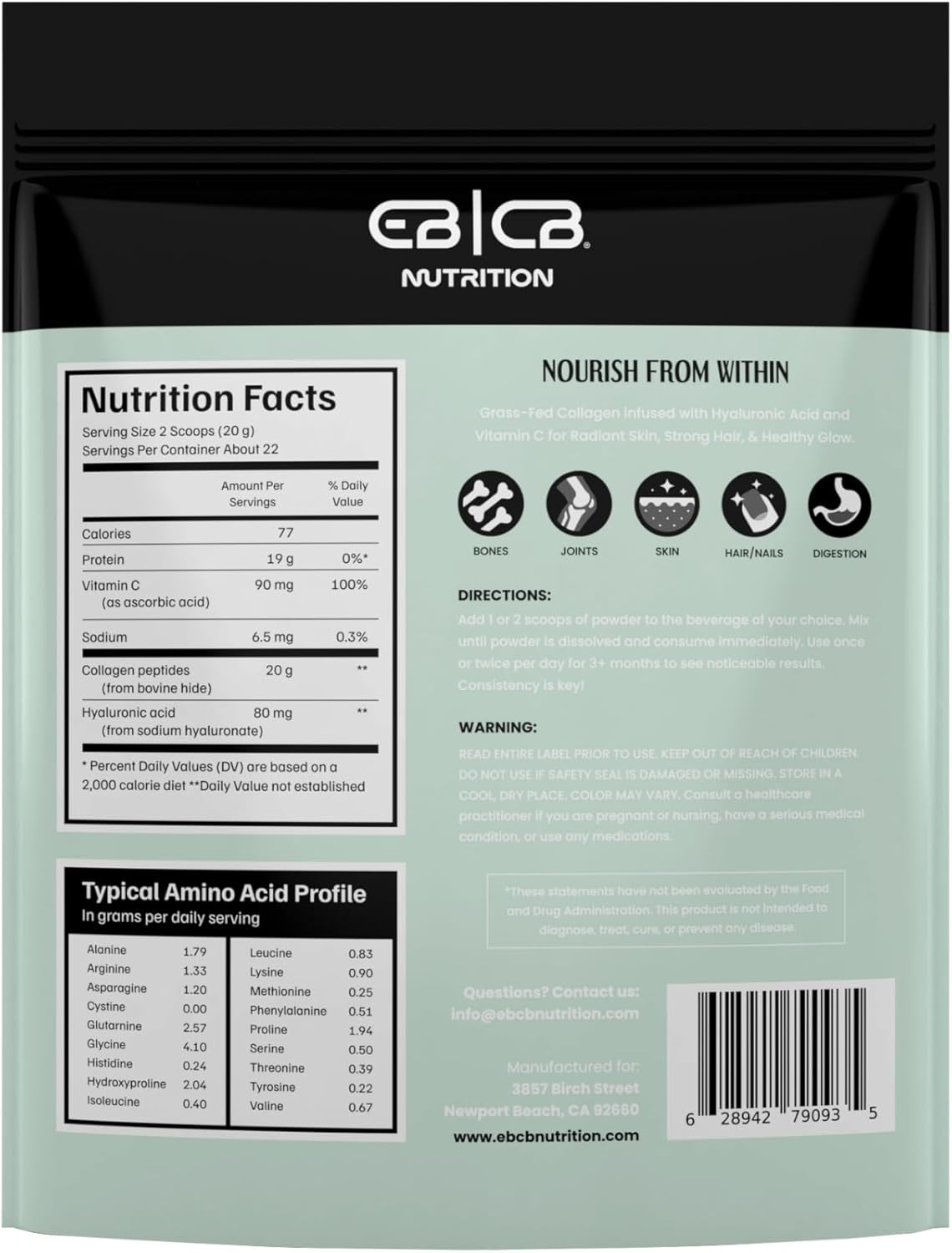 1lb EBCB Nutrition Hydrolyzed Collagen Peptides with Vitamin C and Hyaluronic Acid