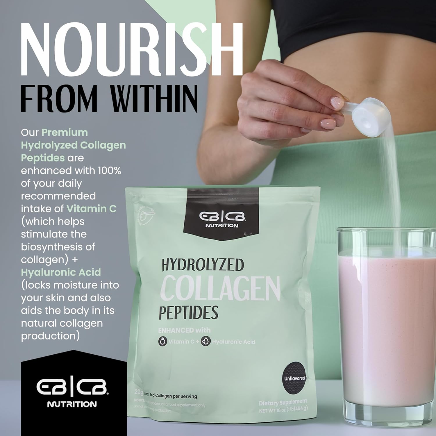 1lb EBCB Nutrition Hydrolyzed Collagen Peptides with Vitamin C and Hyaluronic Acid