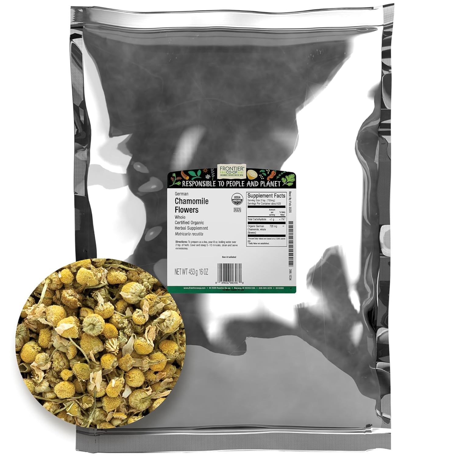 1lb Frontier Co-op Organic Whole Chamomile Flowers for Herbal Tea and Aromatherapy