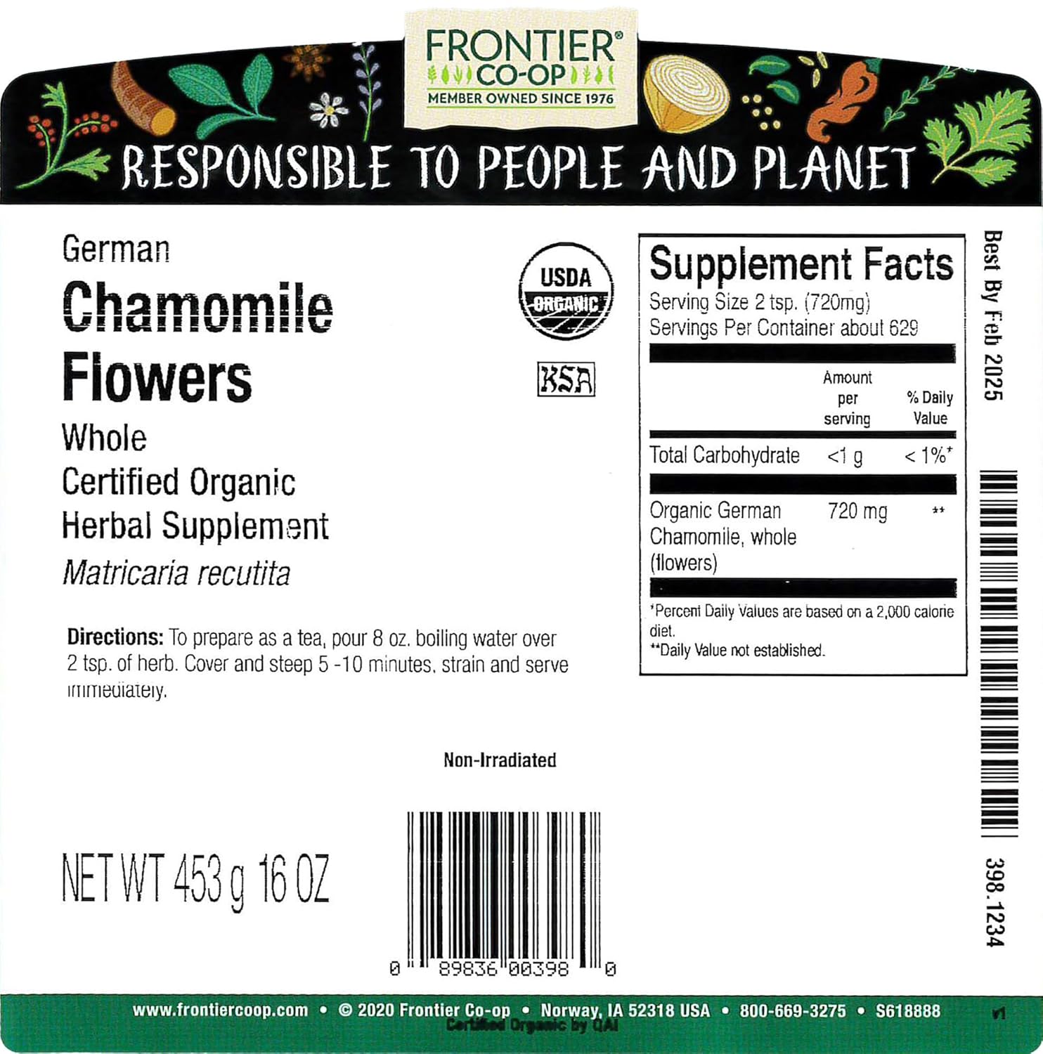 1lb Frontier Co-op Organic Whole Chamomile Flowers for Herbal Tea and Aromatherapy