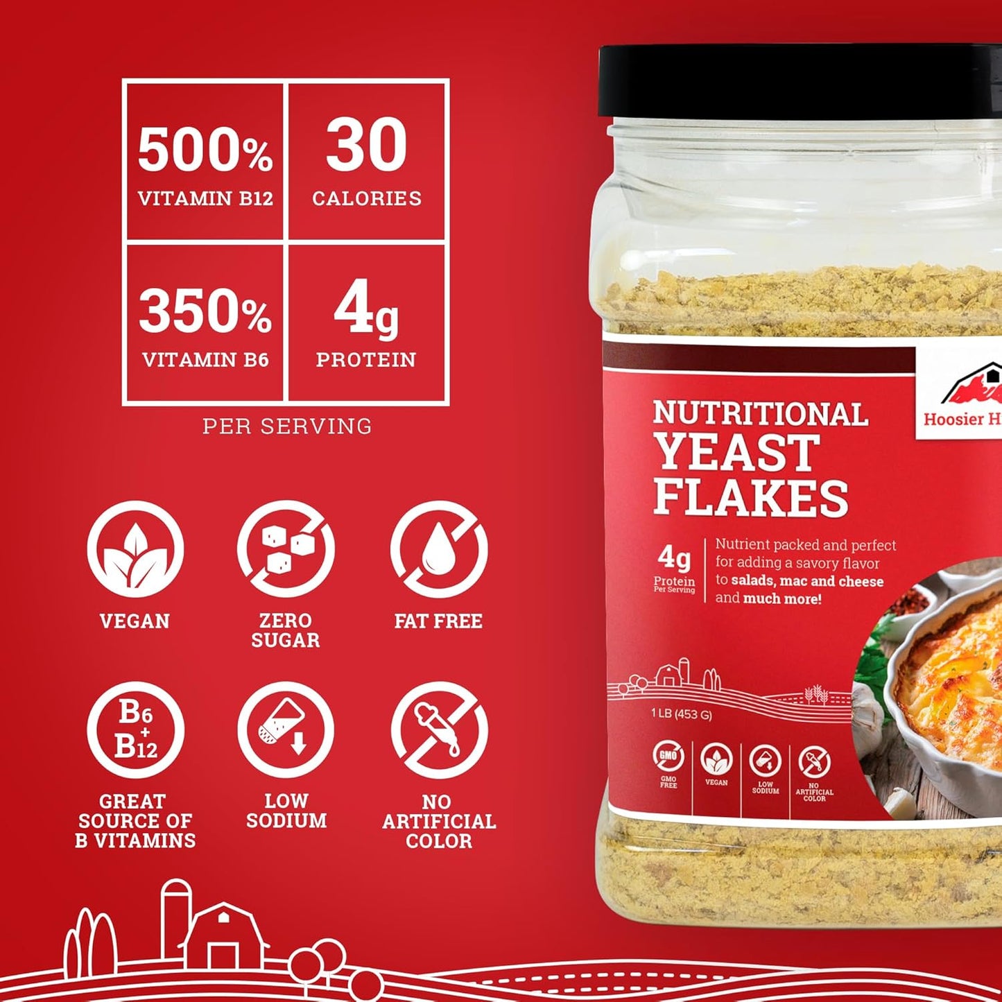 1LB Hoosier Hill Farm Nutritional Yeast Flakes - Premium Quality, Non-GMO, Gluten-Free Yeast Flakes