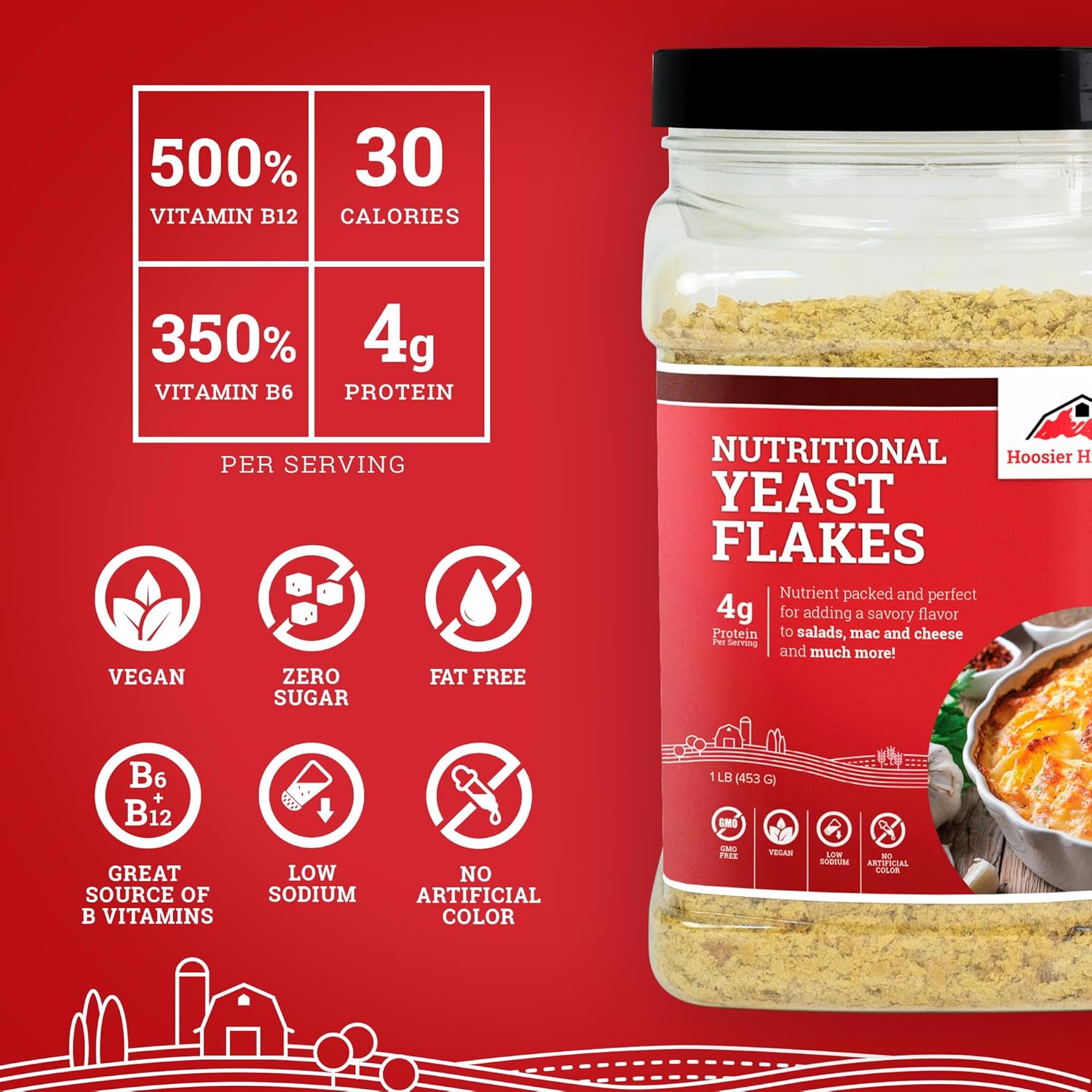 1LB Hoosier Hill Farm Nutritional Yeast Flakes - Premium Quality, Non-GMO, Gluten-Free Yeast Flakes