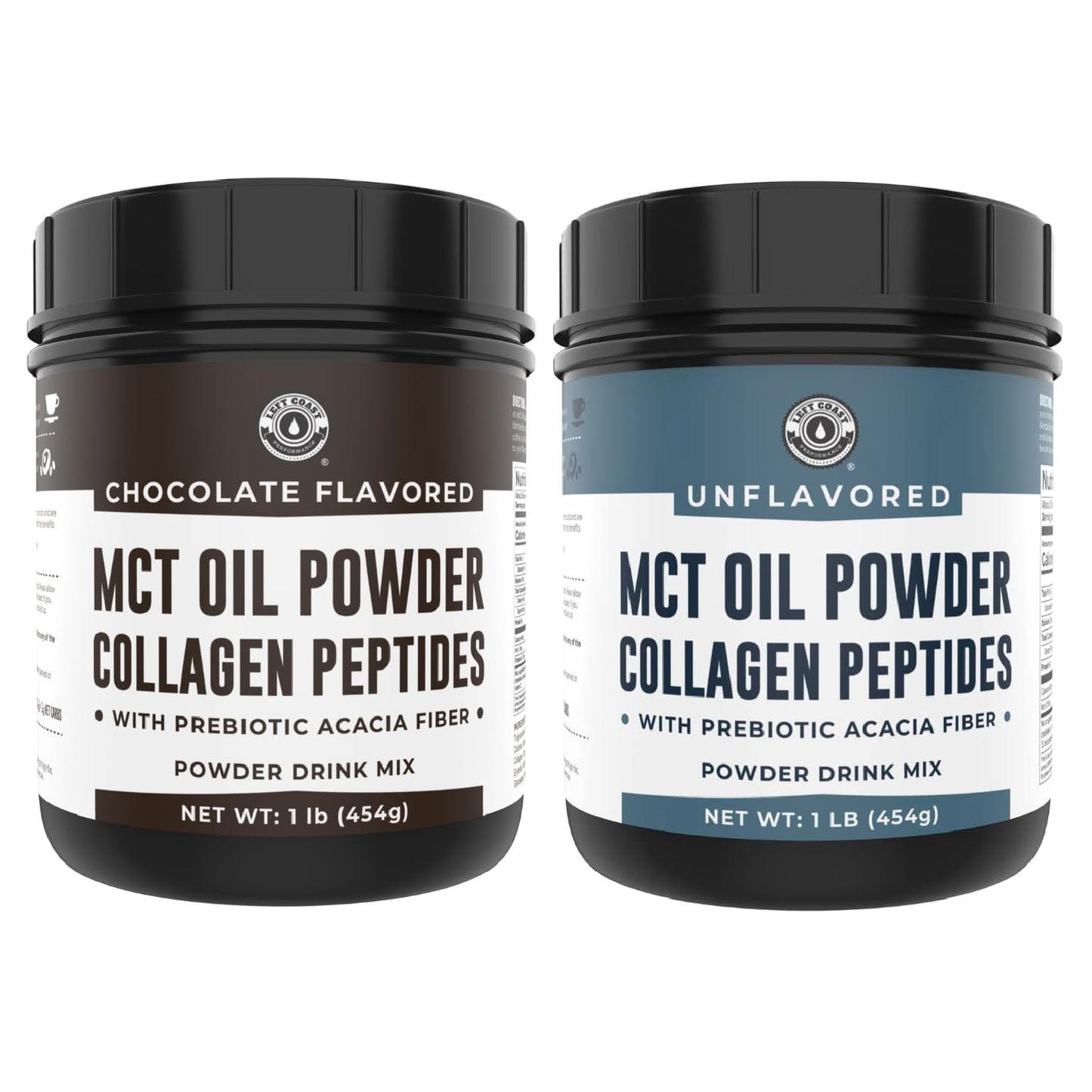 1lb Left Coast Performance Chocolate MCT Oil Powder & Collagen Peptides + 1lb Unflavored MCT Oil Powder & Collagen Peptides