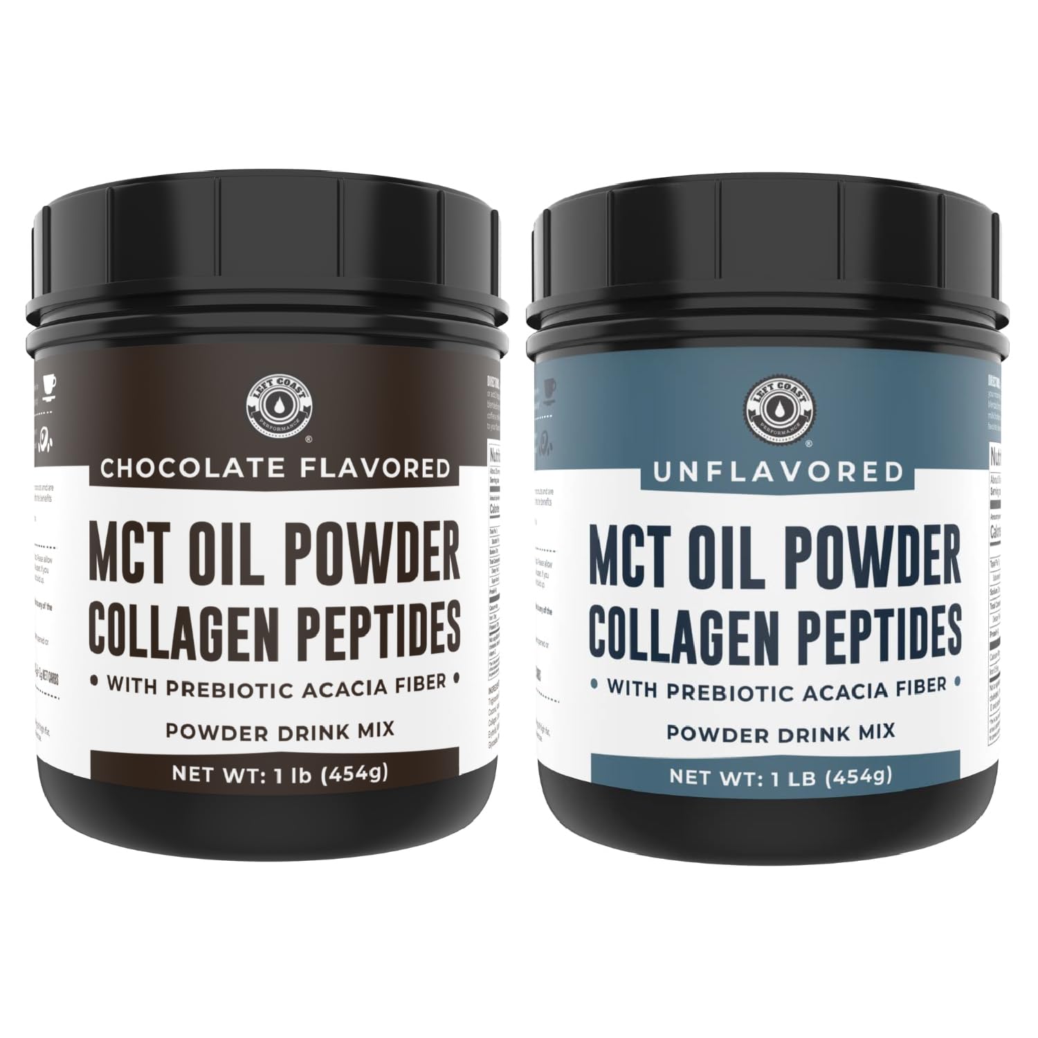1lb Left Coast Performance Chocolate MCT Oil Powder & Collagen Peptides + 1lb Unflavored MCT Oil Powder & Collagen Peptides