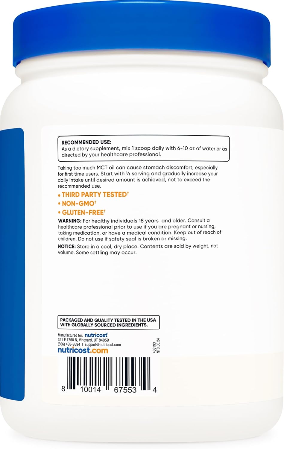 1LB Nutricost C8 MCT Oil Powder - High-Quality 95% C8 MCT Oil Powder - 16oz