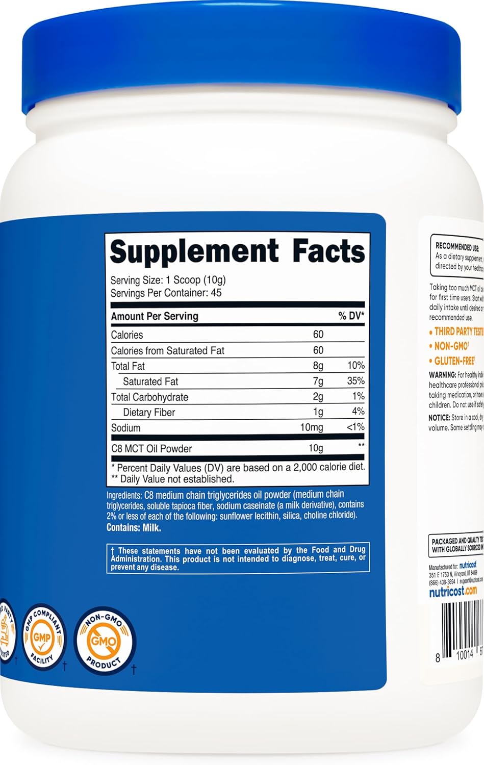 1LB Nutricost C8 MCT Oil Powder - High-Quality 95% C8 MCT Oil Powder - 16oz