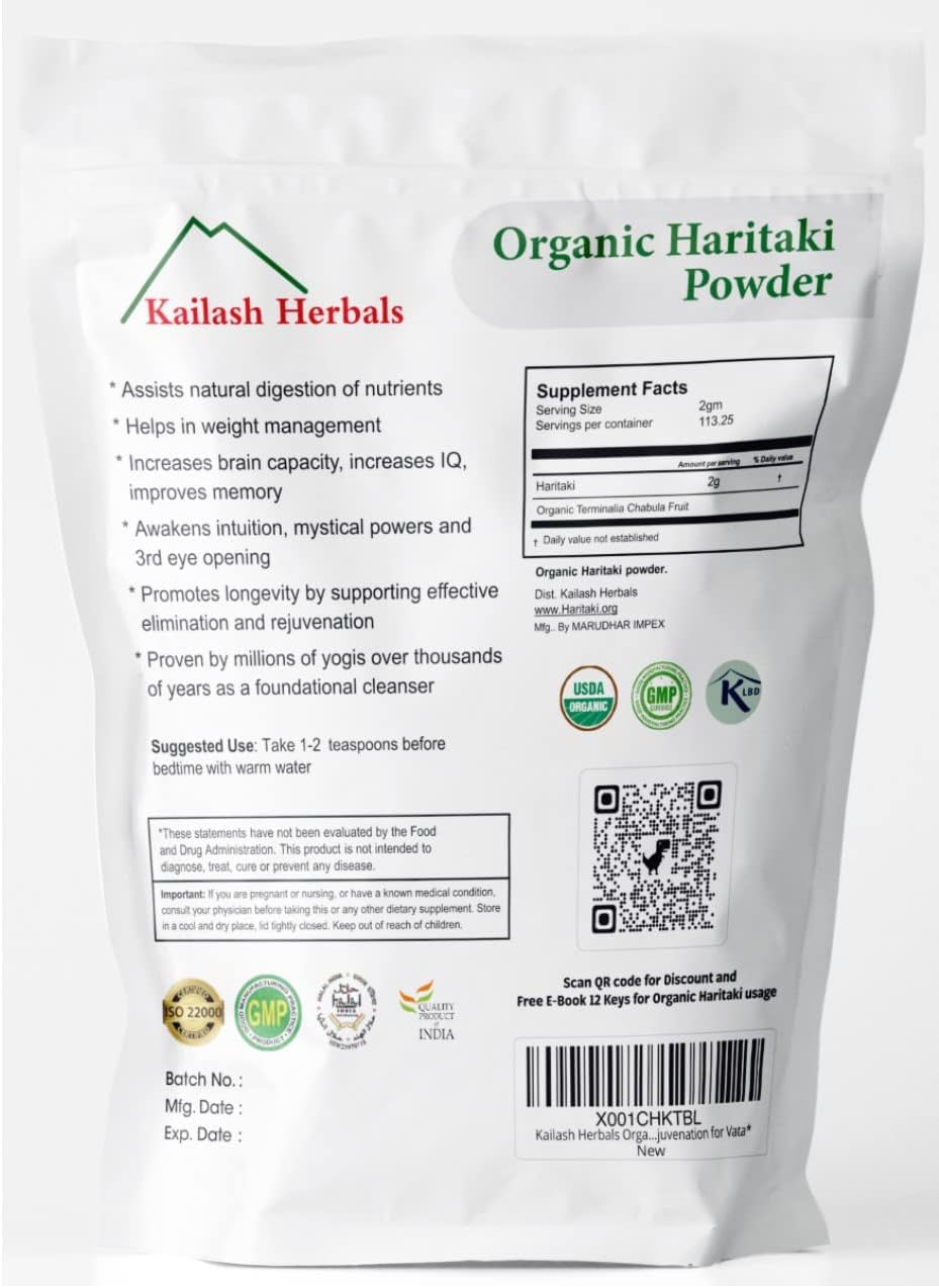 1lb Organic Haritaki Powder - USDA Certified Terminalia Chebula - Digestive Health, Detox & Vata Rejuvenation