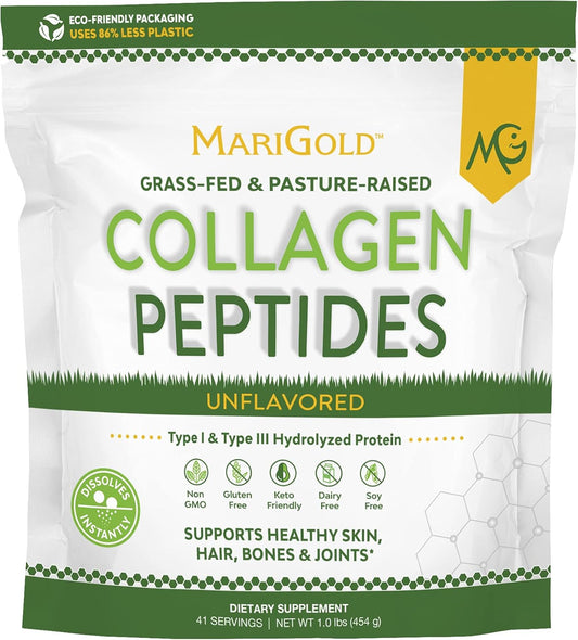 1LB Pure Grass-Fed Collagen Peptides Powder - Unflavored, Type I & III Bovine Hydrolyzed, Non-GMO, Hormone-Free, Soy-Free, Gluten-Free, Dairy-Free, Keto-Friendly, Easy to Mix