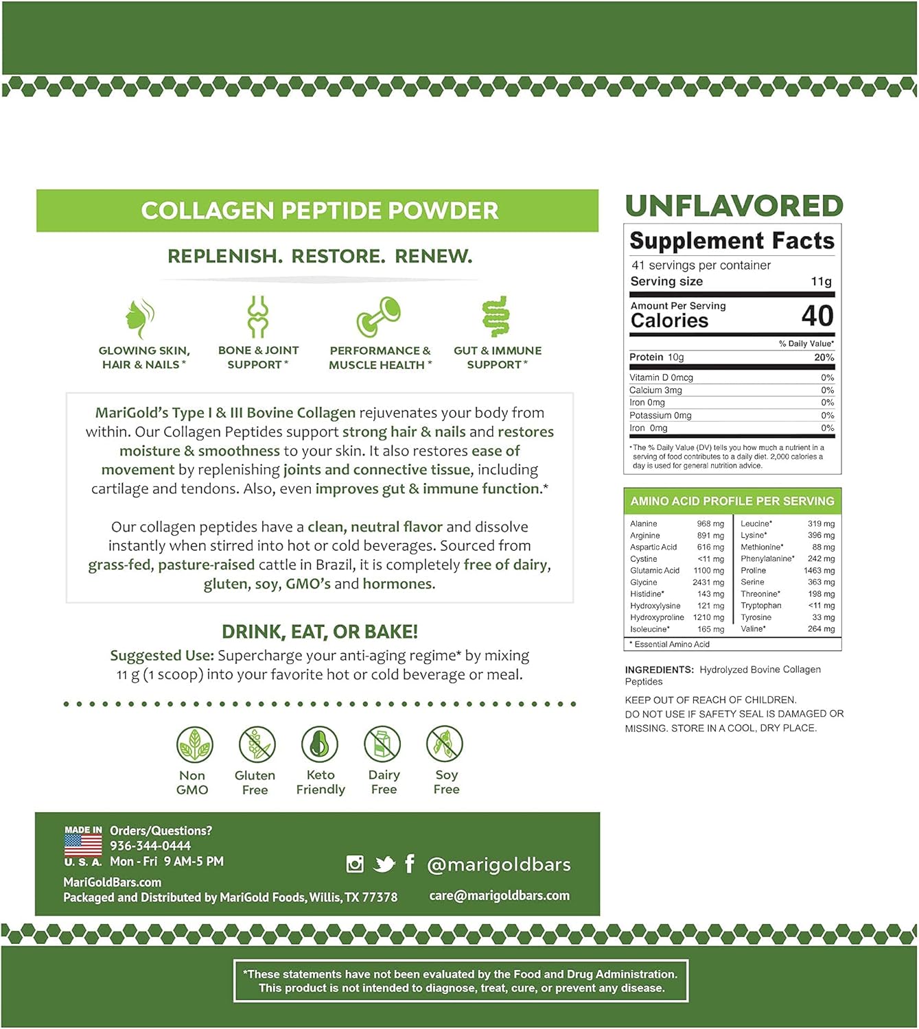 1LB Pure Grass-Fed Collagen Peptides Powder - Unflavored, Type I & III Bovine Hydrolyzed, Non-GMO, Hormone-Free, Soy-Free, Gluten-Free, Dairy-Free, Keto-Friendly, Easy to Mix