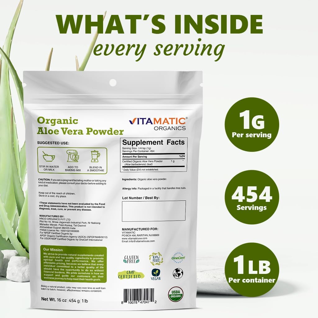 1lb Vitamatic USDA Organic Aloe Vera Powder - Pure & Natural Skin Care Supplement