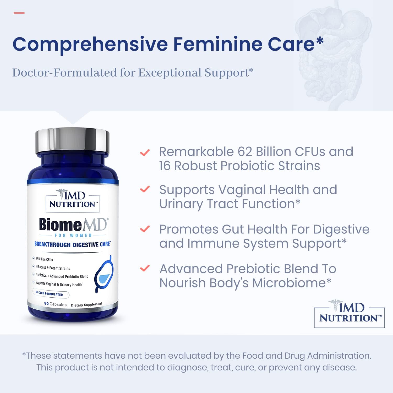 1MD Nutrition BiomeMD Probiotics for Women - 62 Billion CFUs, 16 Strains with Prebiotics | Supports Vaginal & Urinary Health - Doctor-Formulated | 2-Pack of 30 Capsules