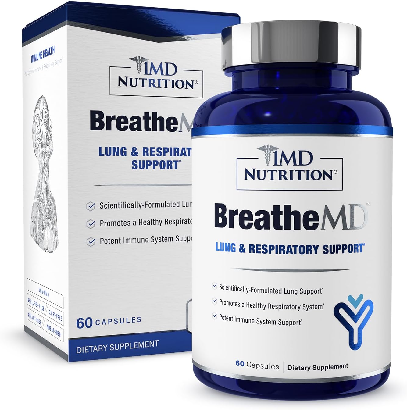 1MD Nutrition BreatheMD Supplement for Lung and Respiratory Health | Supports Immune System | Elderberry, Chromium, NAC | 60 Capsules