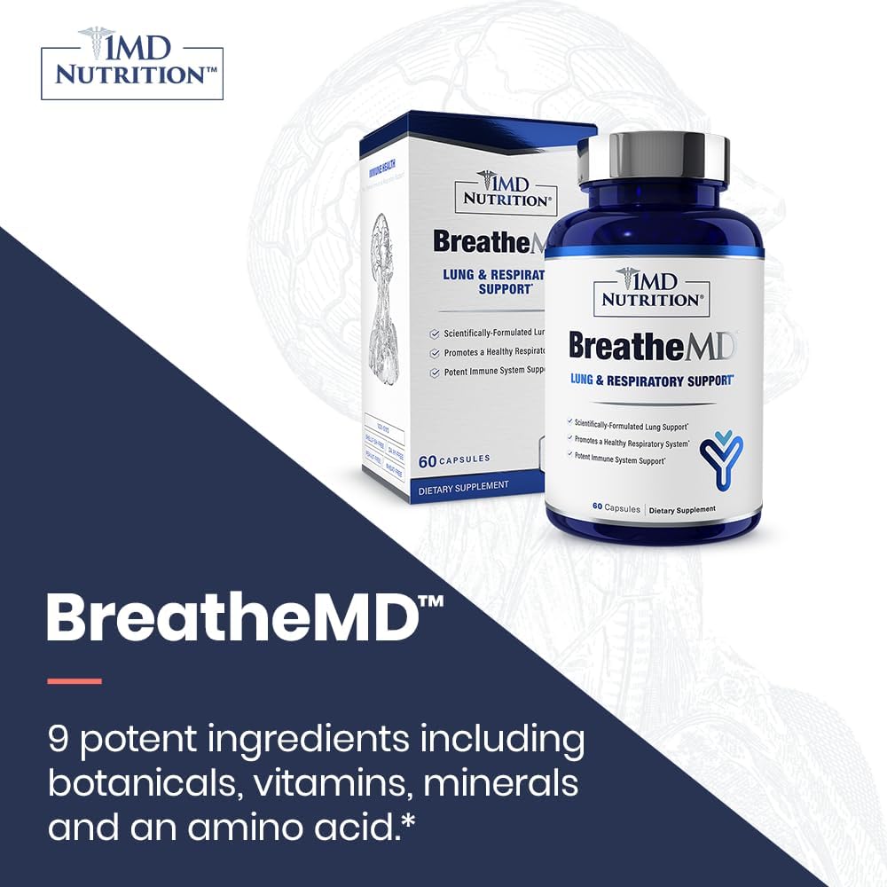 1MD Nutrition BreatheMD Supplement for Lung and Respiratory Health | Supports Immune System | Elderberry, Chromium, NAC | 60 Capsules