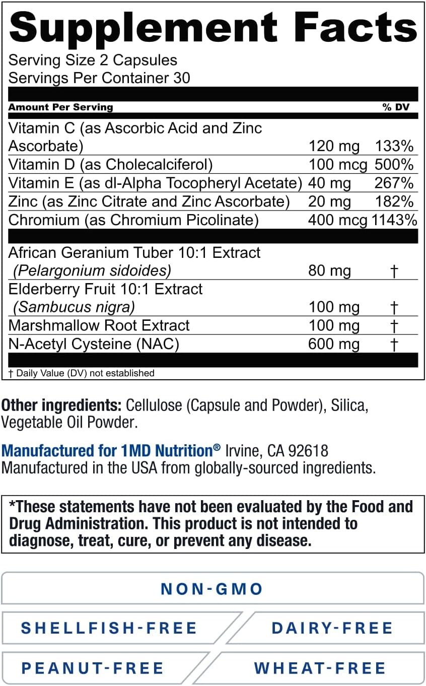 1MD Nutrition BreatheMD Supplement for Lung and Respiratory Health | Supports Immune System | Elderberry, Chromium, NAC | 60 Capsules