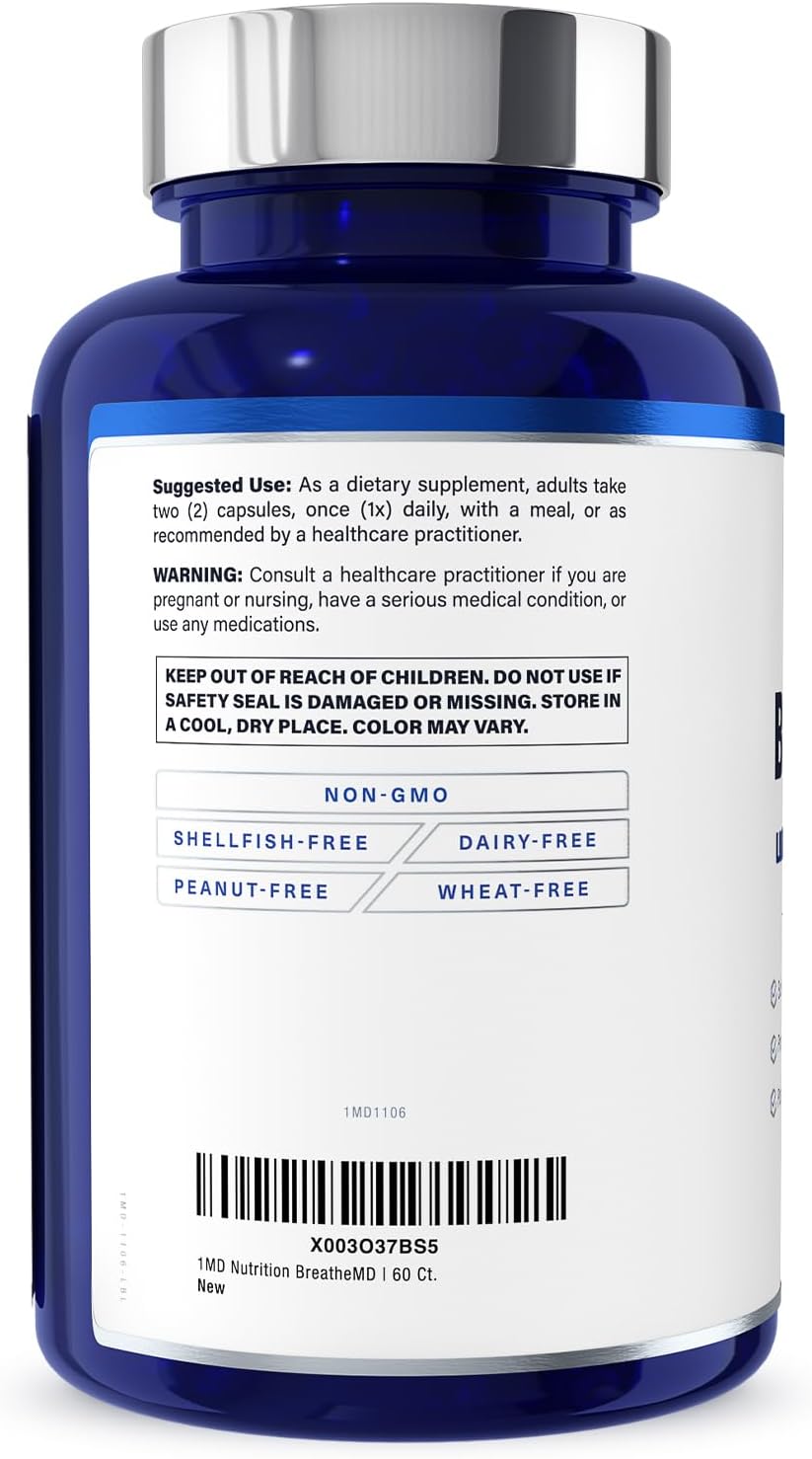 1MD Nutrition BreatheMD Supplement for Lung and Respiratory Health | Supports Immune System | Elderberry, Chromium, NAC | 60 Capsules