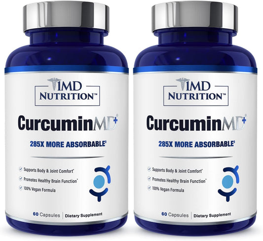 1MD Nutrition CurcuminMD Plus - Enhanced Turmeric Curcumin Supplement for Joint Health, Muscle Recovery, and Mood - 240 Capsules in 2 Bottles
