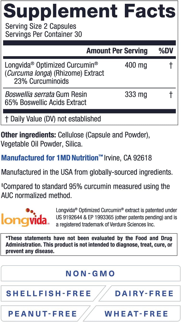 1MD Nutrition CurcuminMD Plus - Enhanced Turmeric Curcumin Supplement for Joint Health, Muscle Recovery, and Mood - 240 Capsules in 2 Bottles