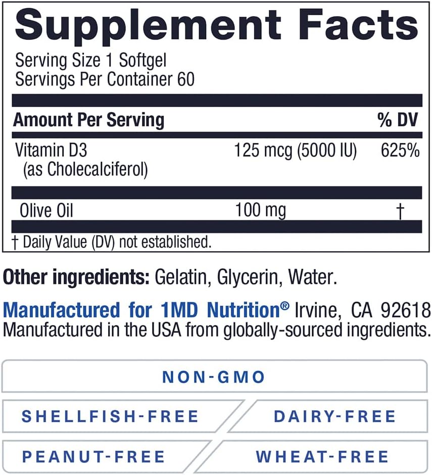 1MD Nutrition Vitamin D3 5000 IU Softgels for Bone Health, Muscle Function, & Immune Support - 2-Month Supply with Olive Oil