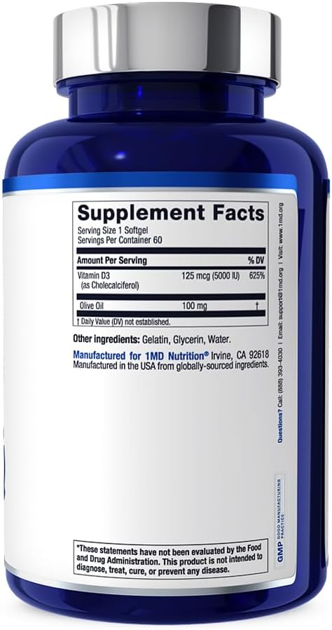1MD Nutrition Vitamin D3 5000 IU Softgels for Bone Health, Muscle Function, & Immune Support - 2-Month Supply with Olive Oil