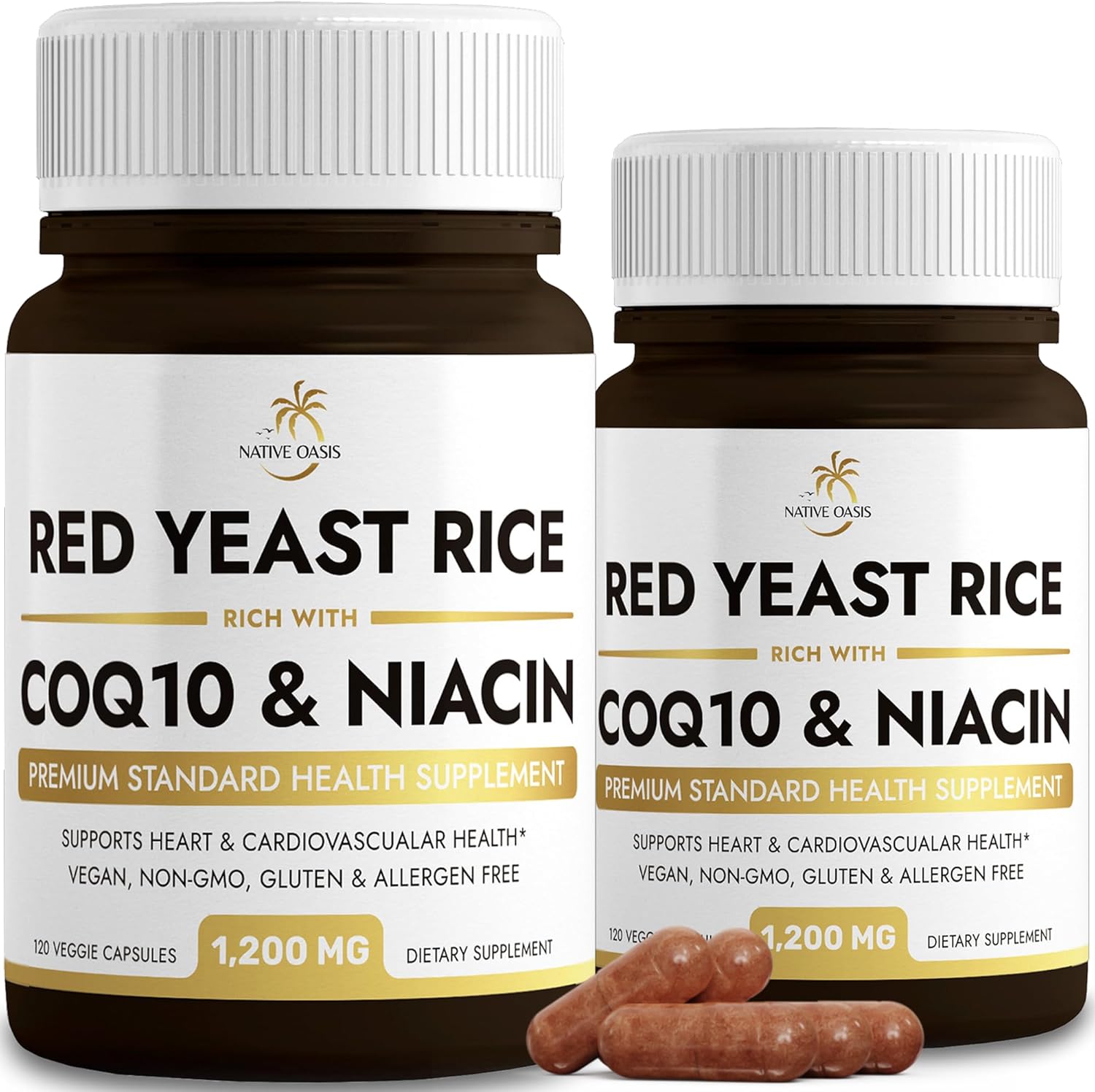2 Bottles Native Oasis Red Yeast Rice 1,200mg Capsules with CoQ10 & Niacin - 240 Count Vegan Non-GMO Gluten-Free