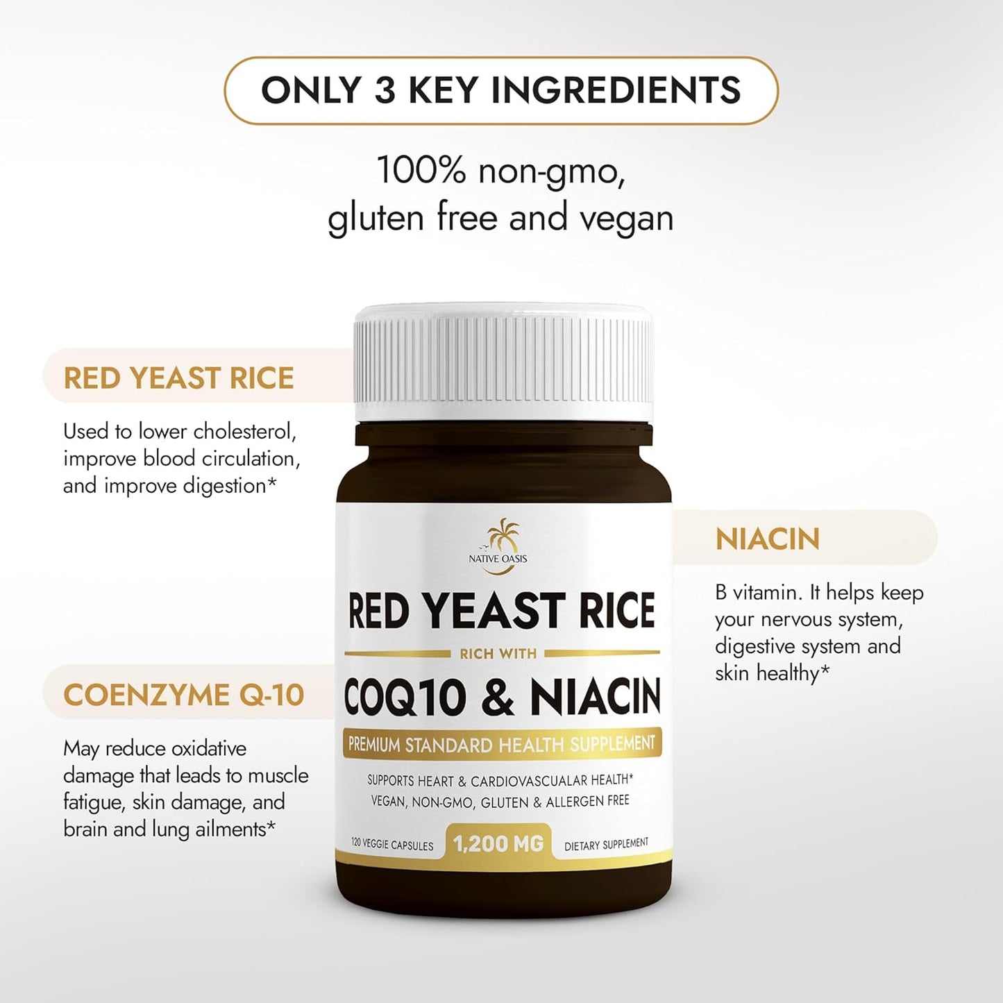 2 Bottles Native Oasis Red Yeast Rice 1,200mg Capsules with CoQ10 & Niacin - 240 Count Vegan Non-GMO Gluten-Free