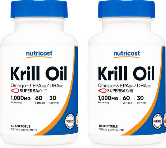 2 Bottles Nutricost Krill Oil 1000mg Liquid Softgels - Omega-3 EPA-DHA Supplement
